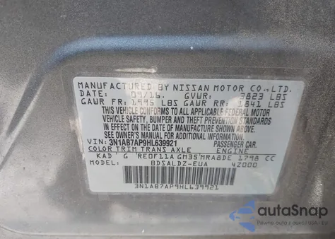 2017 Nissan Sentra Sv z USA, uszkodzony, nr VIN 3N1AB7AP9HL639921